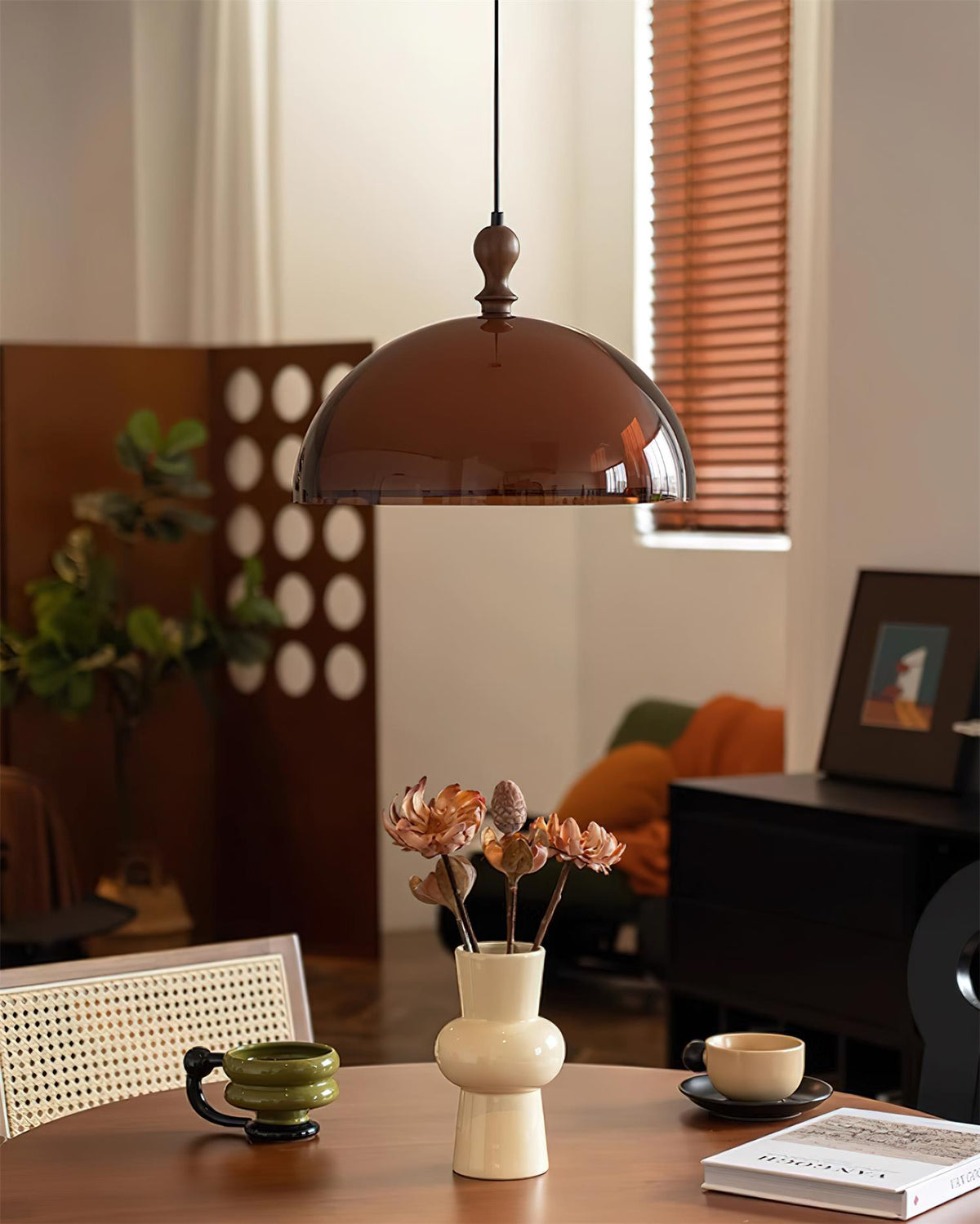 Hanging Ceiling Light Fixture with Walnut Wood Accent and Acrylic Shade 14 Inch Diameter for Kitchen Island Dining Room Table Adjustable Hei | Thomler