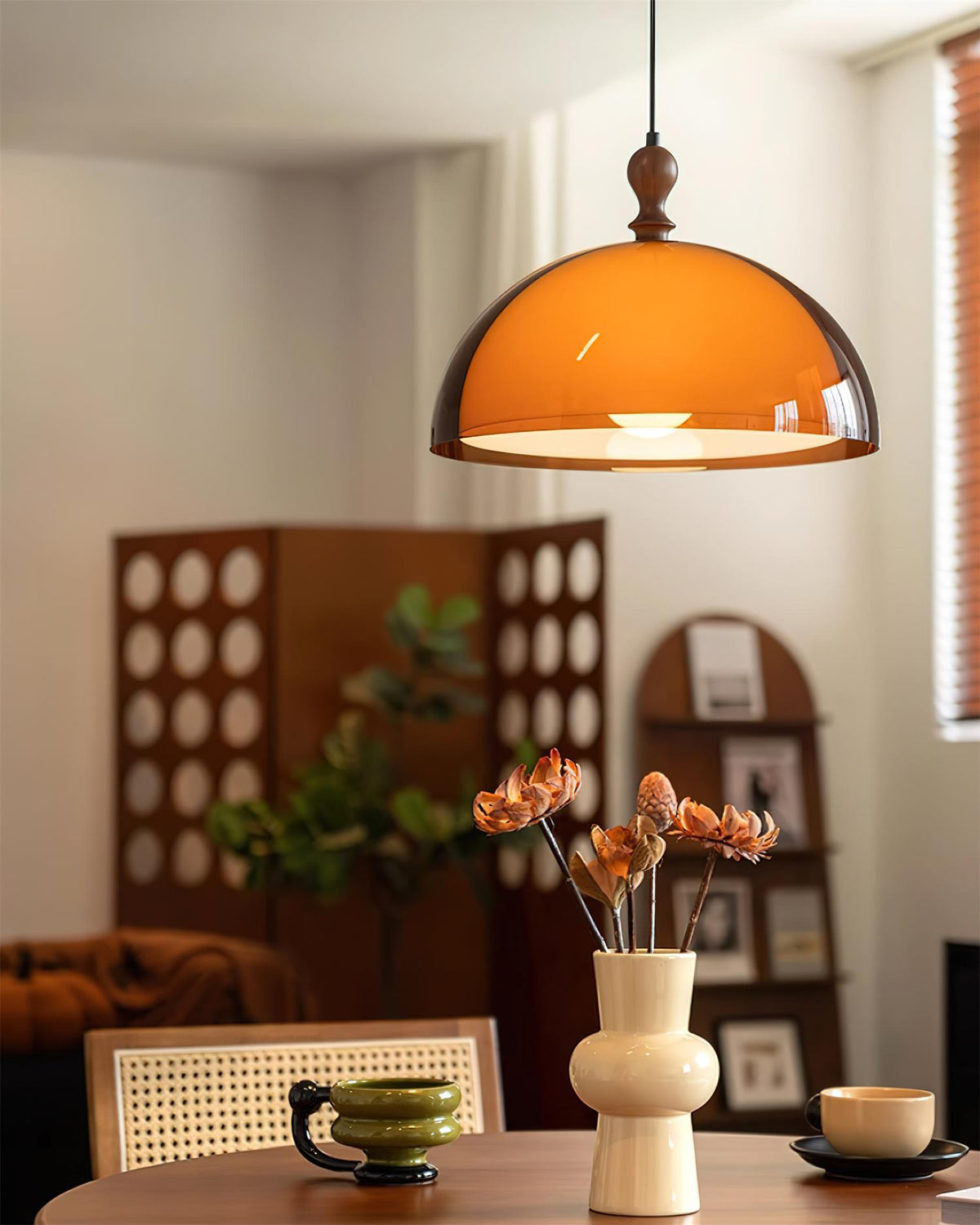 Hanging Ceiling Light Fixture with Walnut Wood Accent and Acrylic Shade 14 Inch Diameter for Kitchen Island Dining Room Table Adjustable Hei | Thomler