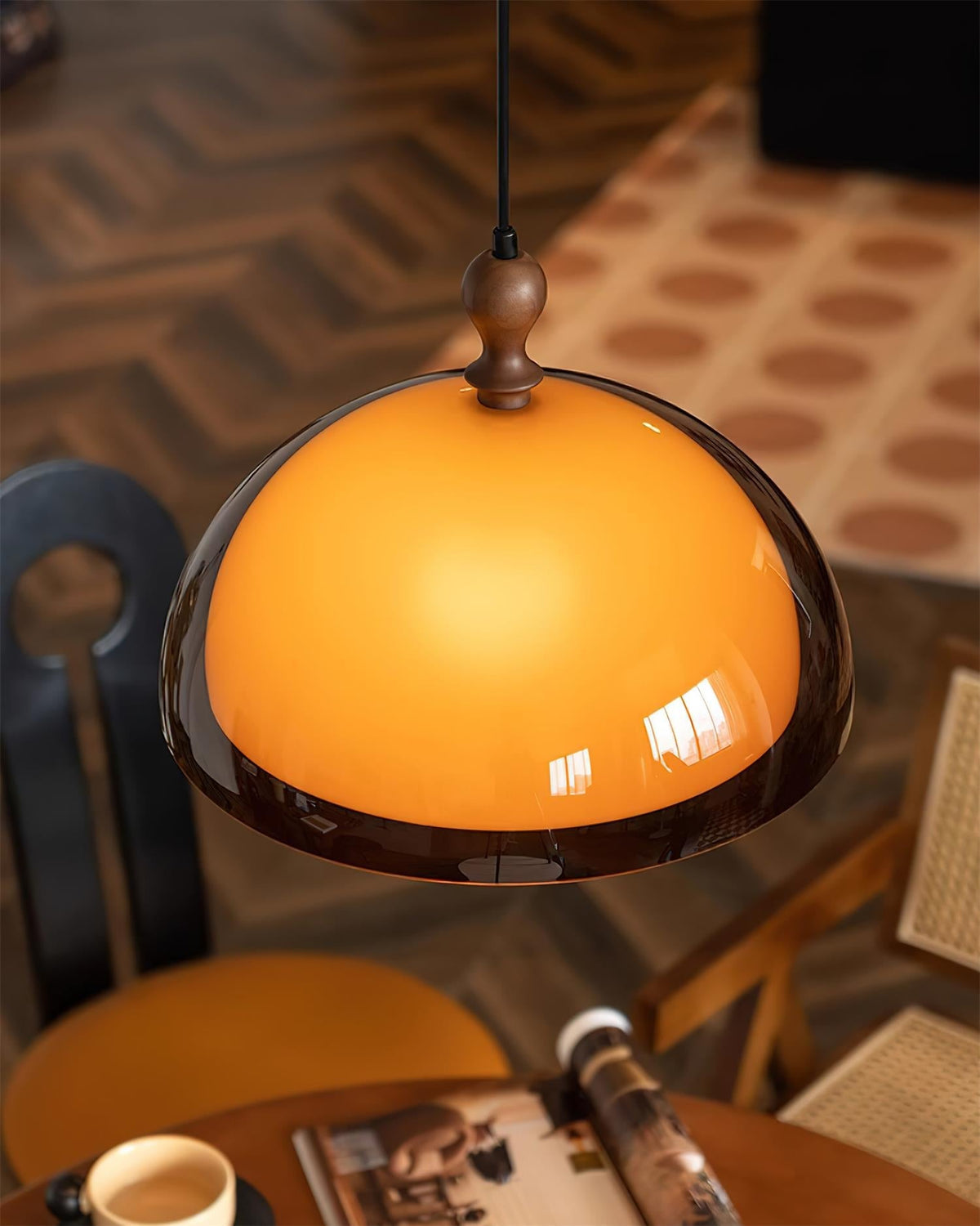 Hanging Ceiling Light Fixture with Walnut Wood Accent and Acrylic Shade 14 Inch Diameter for Kitchen Island Dining Room Table Adjustable Hei | Thomler