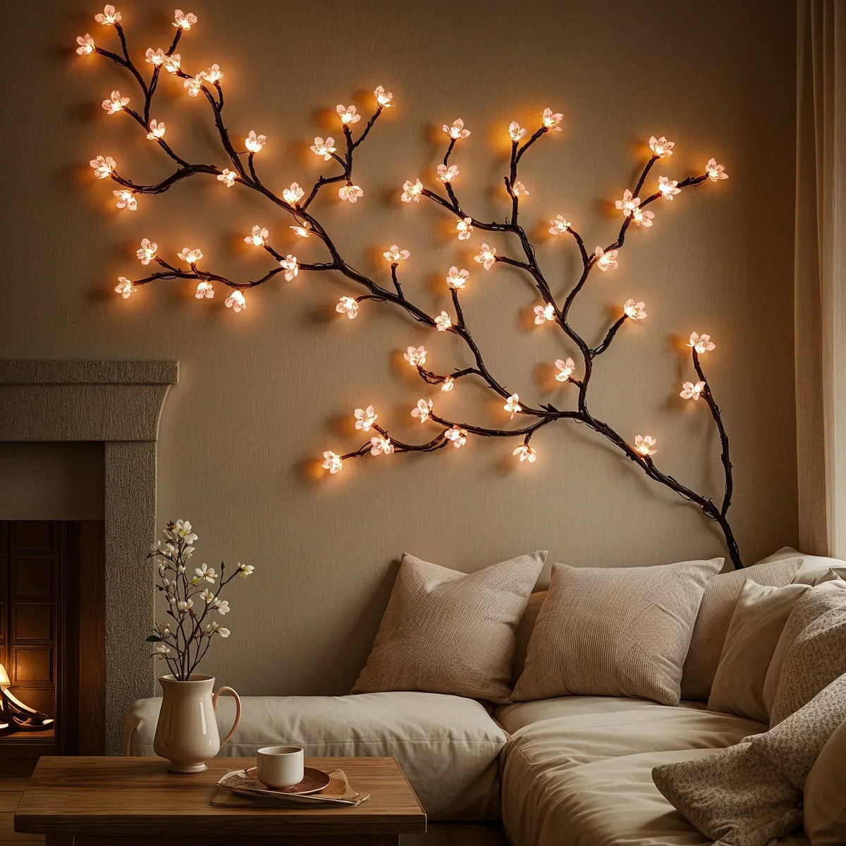 Rosa Kirschblüten-LED-Lichterkette als Weinrebe für die Innendekoration – 160 cm lange hängende Blumenleuchten mit 72 warmweißen und rosafarbenen LEDs
