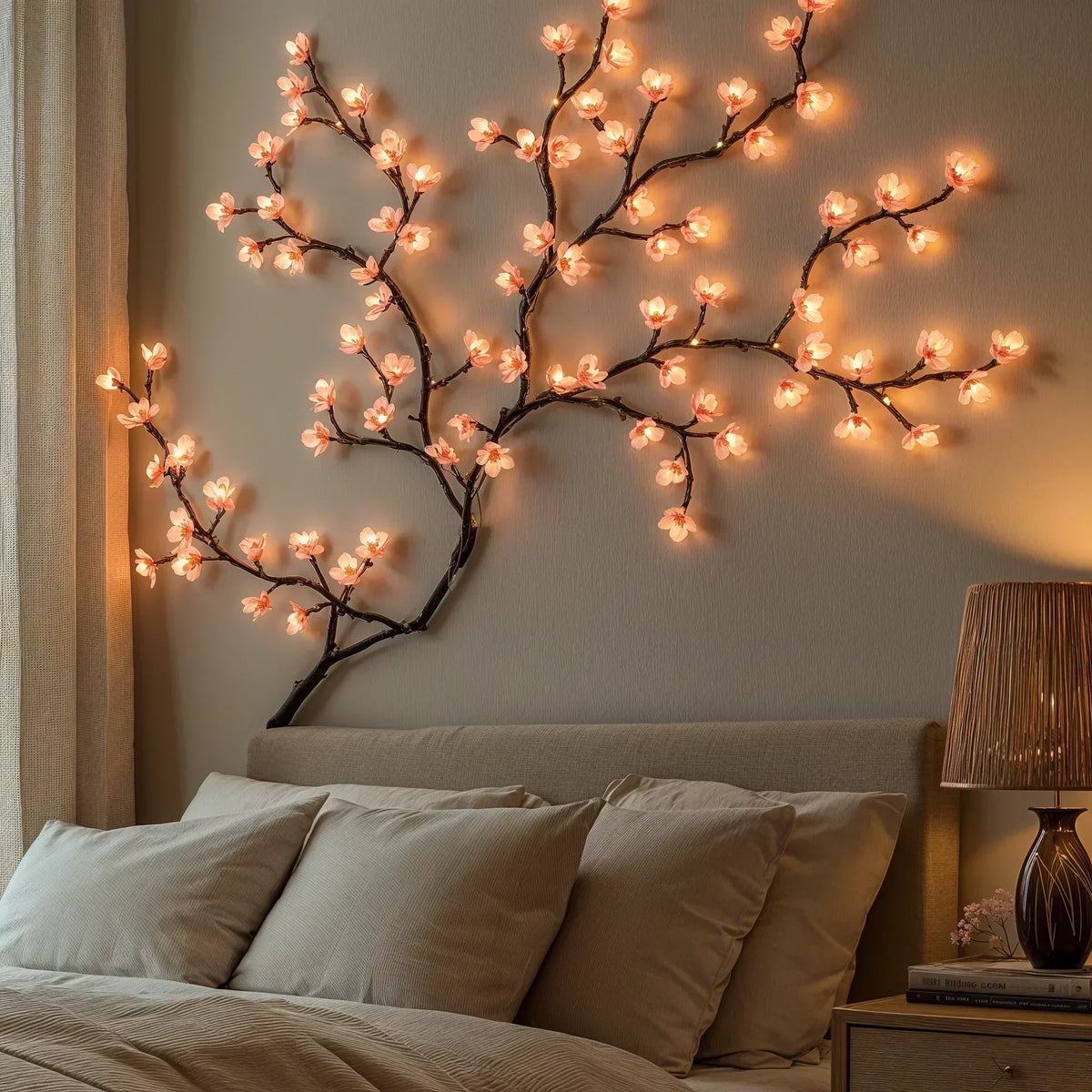 Rosa Kirschblüten-LED-Lichterkette als Weinrebe für die Innendekoration – 160 cm lange hängende Blumenleuchten mit 72 warmweißen und rosafarbenen LEDs