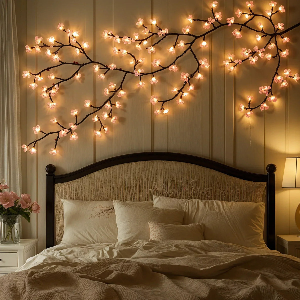 Roze kersenbloesem LED-lichtsnoer als wijnrank voor interieurdecoratie – 160 cm hangende bloemverlichting met 72 warmwitte en zachtroze LED's