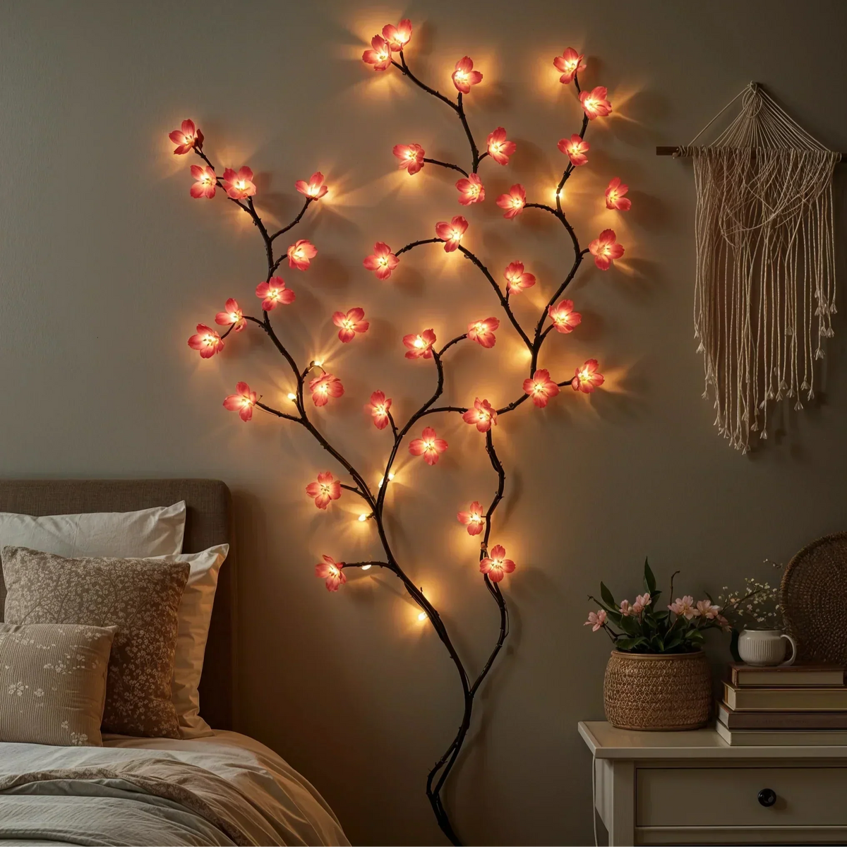 Roze kersenbloesem LED-lichtsnoer als wijnrank voor interieurdecoratie – 160 cm hangende bloemverlichting met 72 warmwitte en zachtroze LED's