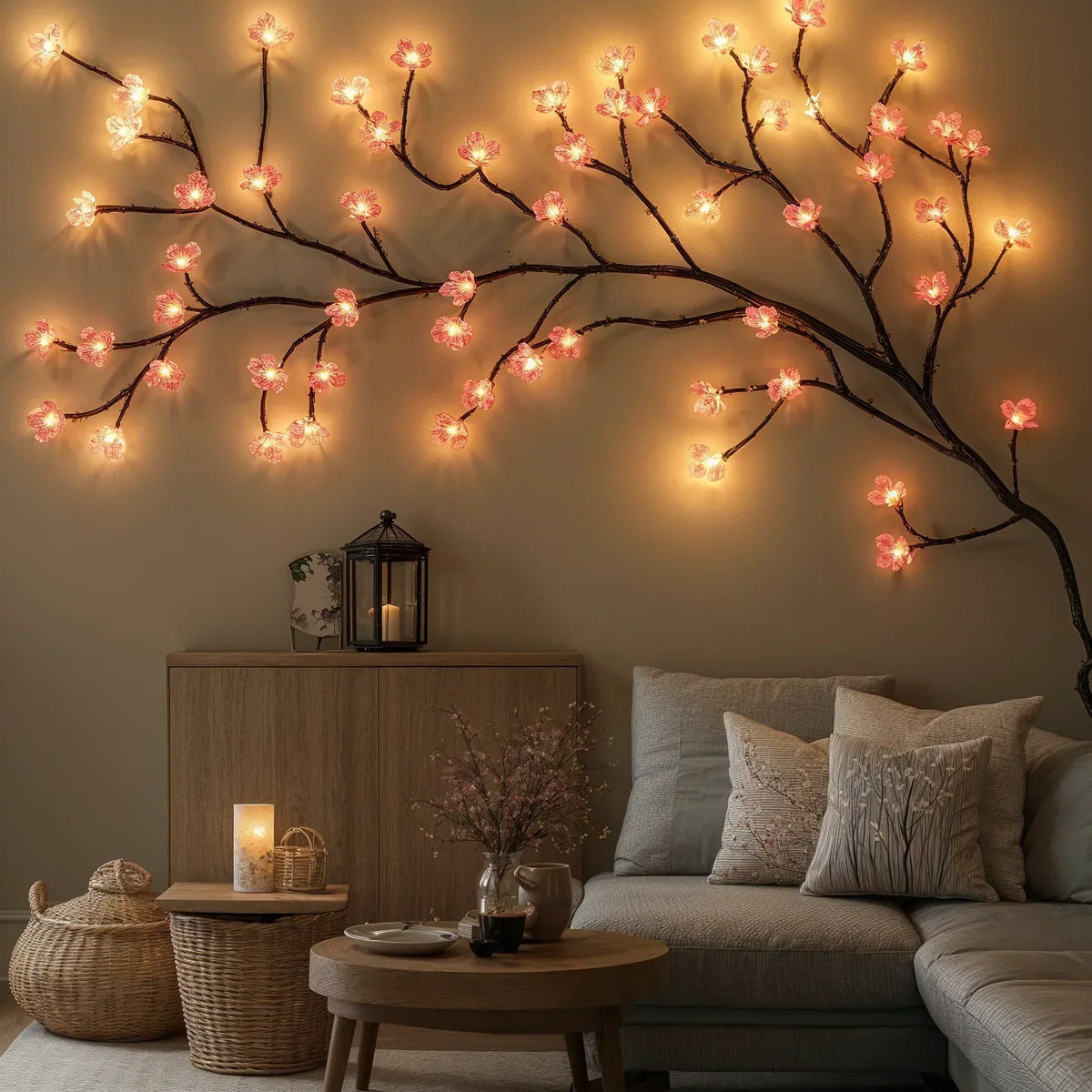 Roze kersenbloesem LED-lichtsnoer als wijnrank voor interieurdecoratie – 160 cm hangende bloemverlichting met 72 warmwitte en zachtroze LED's