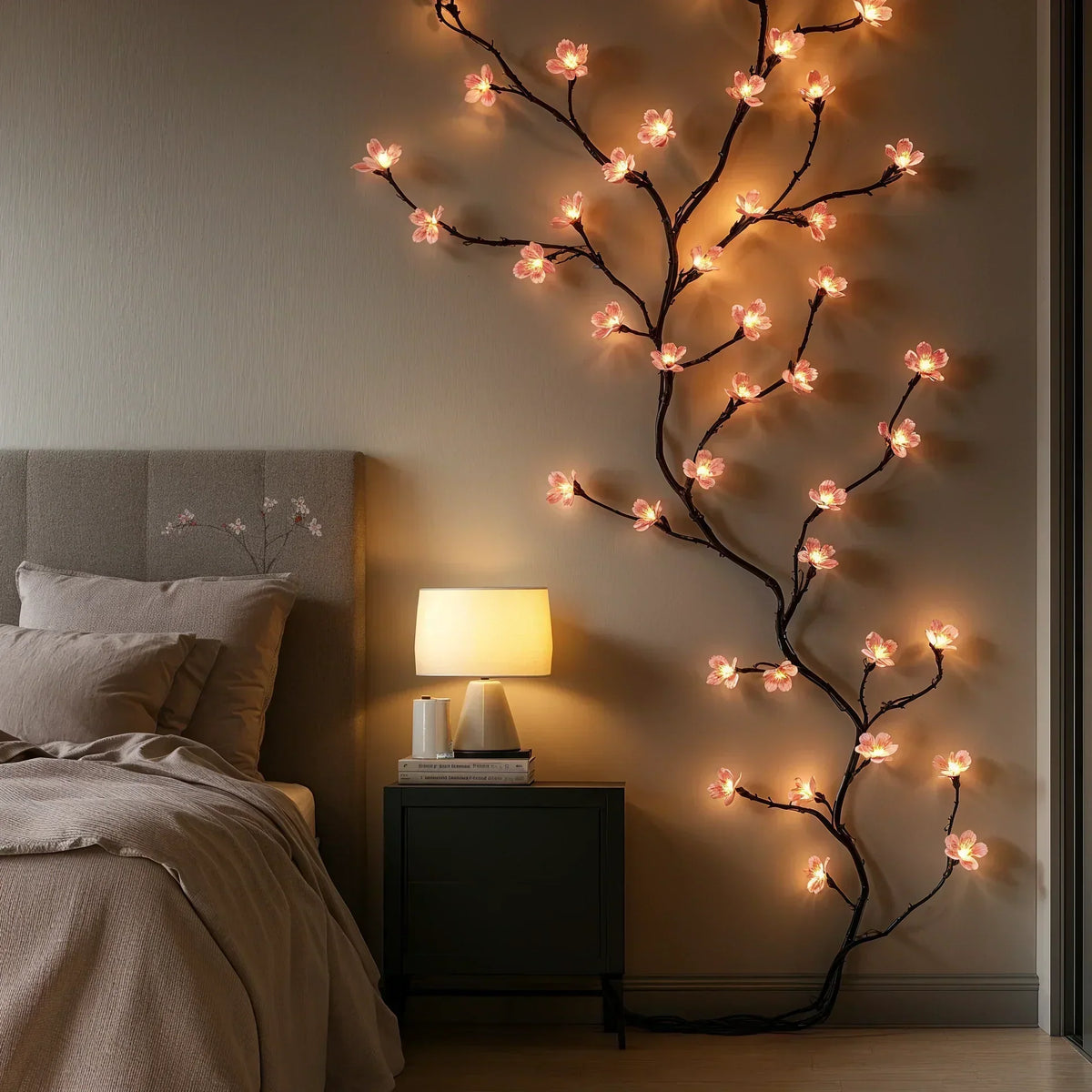 Roze kersenbloesem LED-lichtsnoer als wijnrank voor interieurdecoratie – 160 cm hangende bloemverlichting met 72 warmwitte en zachtroze LED's