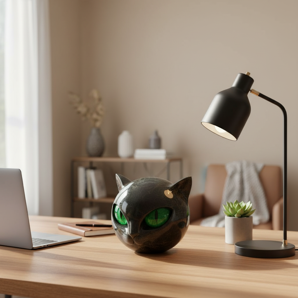 Glänzende Harz-Katzenfigur mit faszinierendem Blick – Dekorative Katzenstatue für Schreibtisch, Regal & Wohnzimmer – Moderne Tierskulptur A