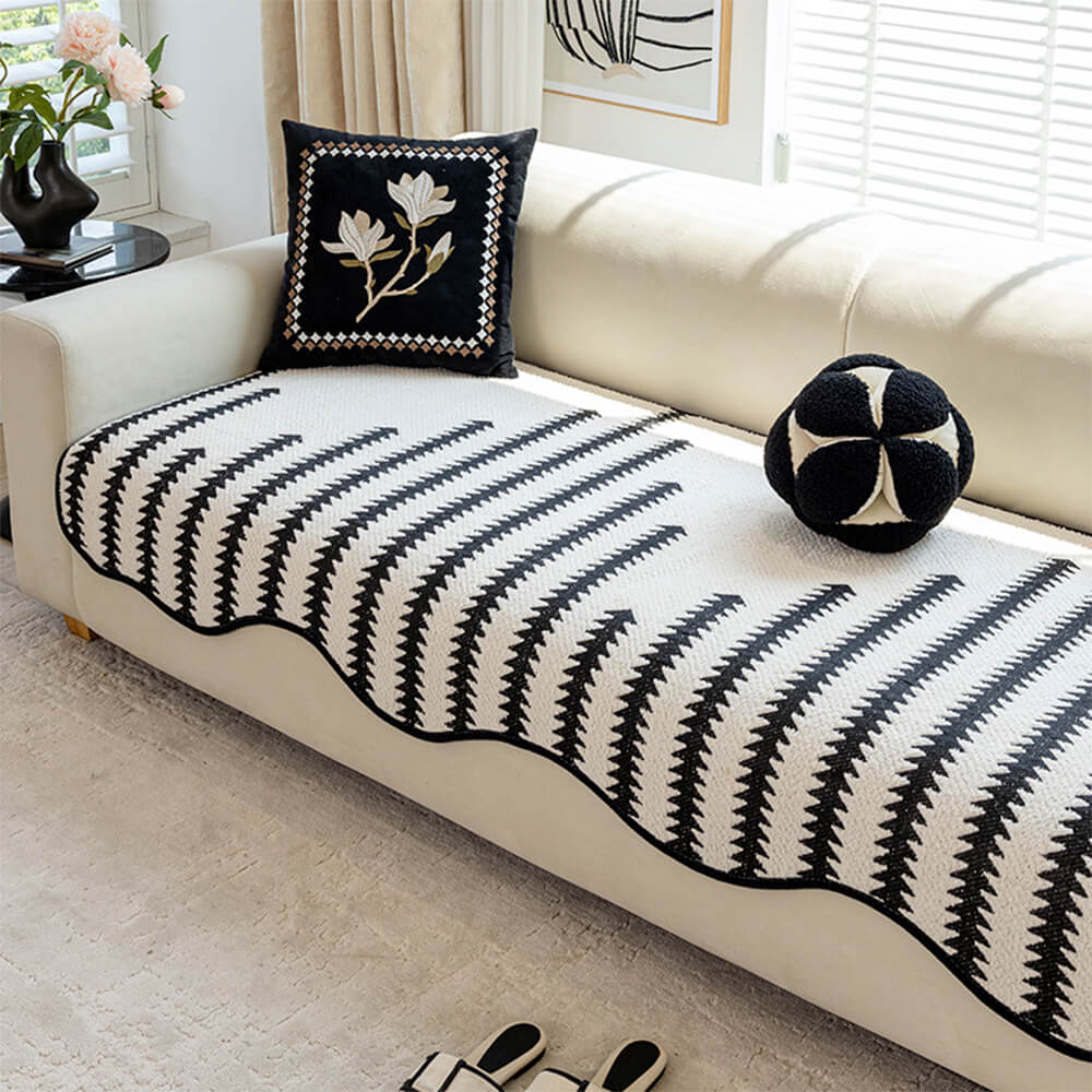 Chenille plaid voor op de bank met schulprand – Chevron zigzagpatroon voor bescherming van bank, stoel & loveseat – Zacht pluche meubelkleed