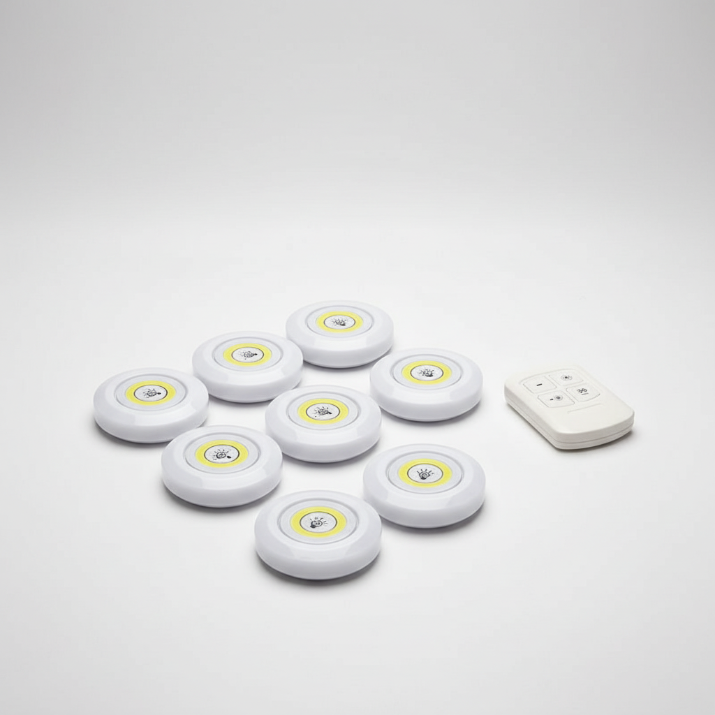 Batteriebetriebene LED-Puck-Leuchten mit Fernbedienung, 3er-Set, kabellose weiße Aufkleb-Spots für Schränke, Garderoben, Regale, Unterbauleuchten | Thomler