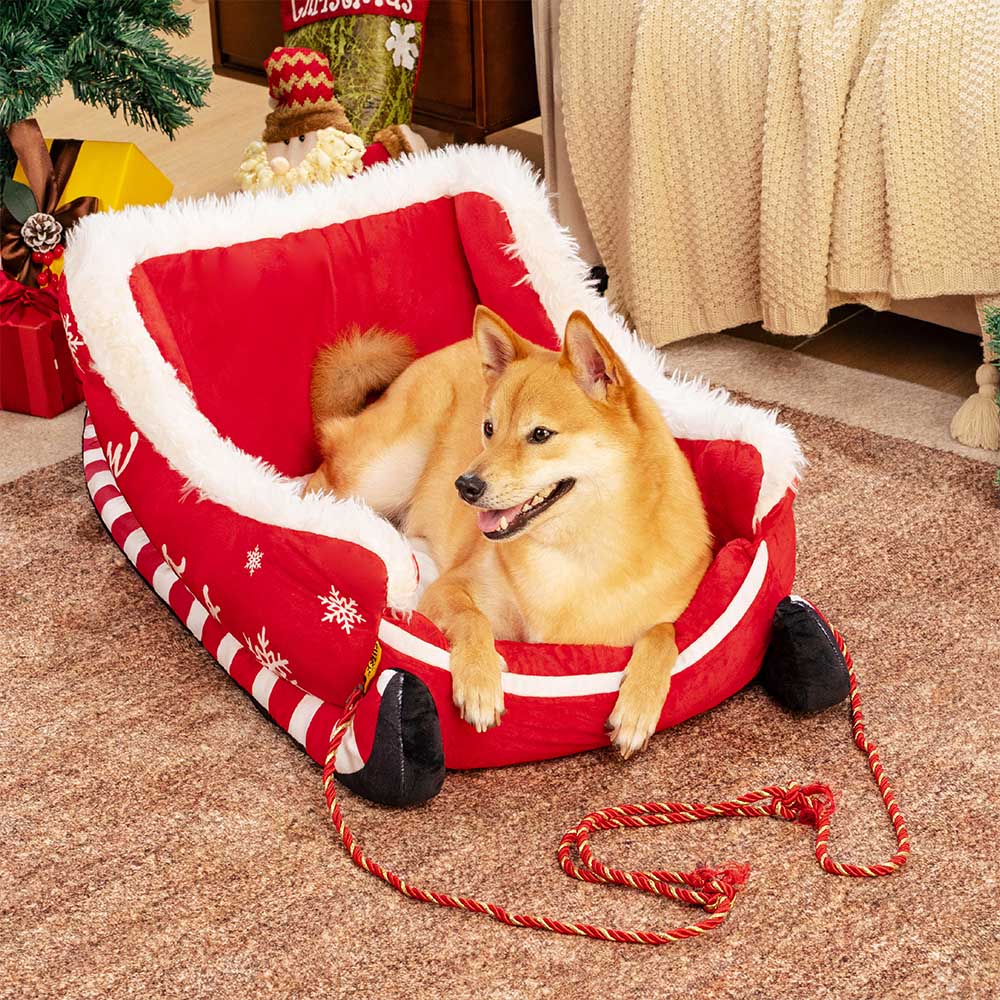Holiday Sleigh Dog Bed with Plush Velvet Lining for Small to Large Dogs Winter Pet Lounger Christmas Decor