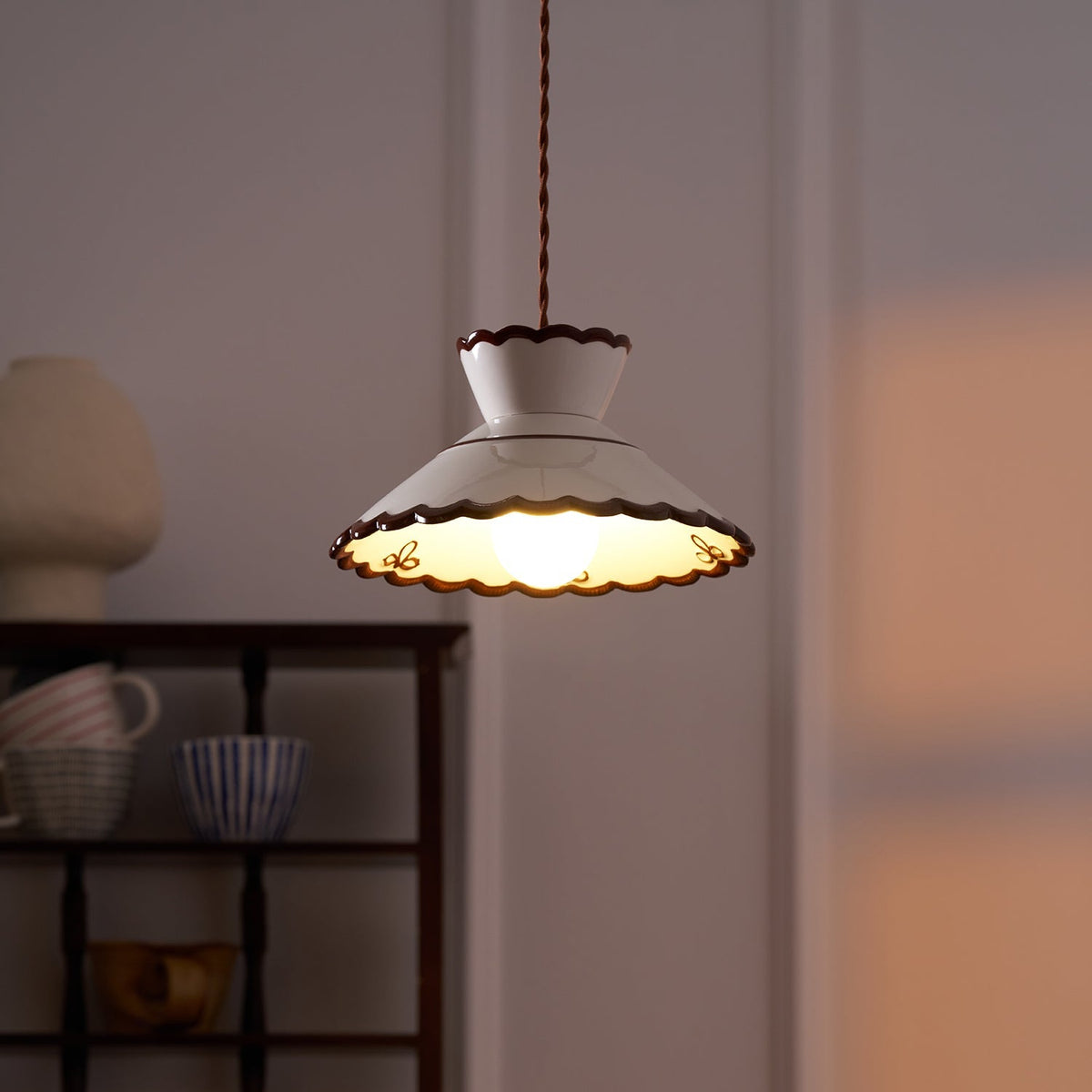 Handcrafted Ceramic Hanging Light with Floral Design 9.6 Inch Diameter Overhead Fixture Adjustable Cord E26 Socket for Dining Area Kitchen C | Thomler