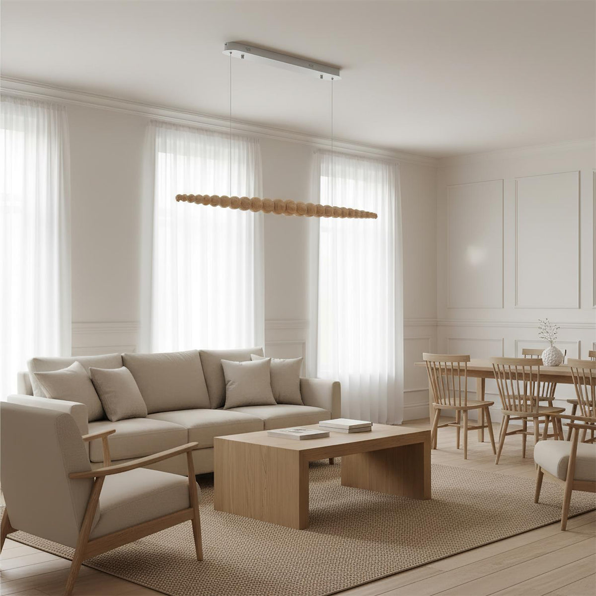 Hangende LED-armatuur 46 inch Metaal Hout Acryl Bolhanglamp 3000K Eigentijdse plafondlamp voor kookeiland eettafel | Thomler