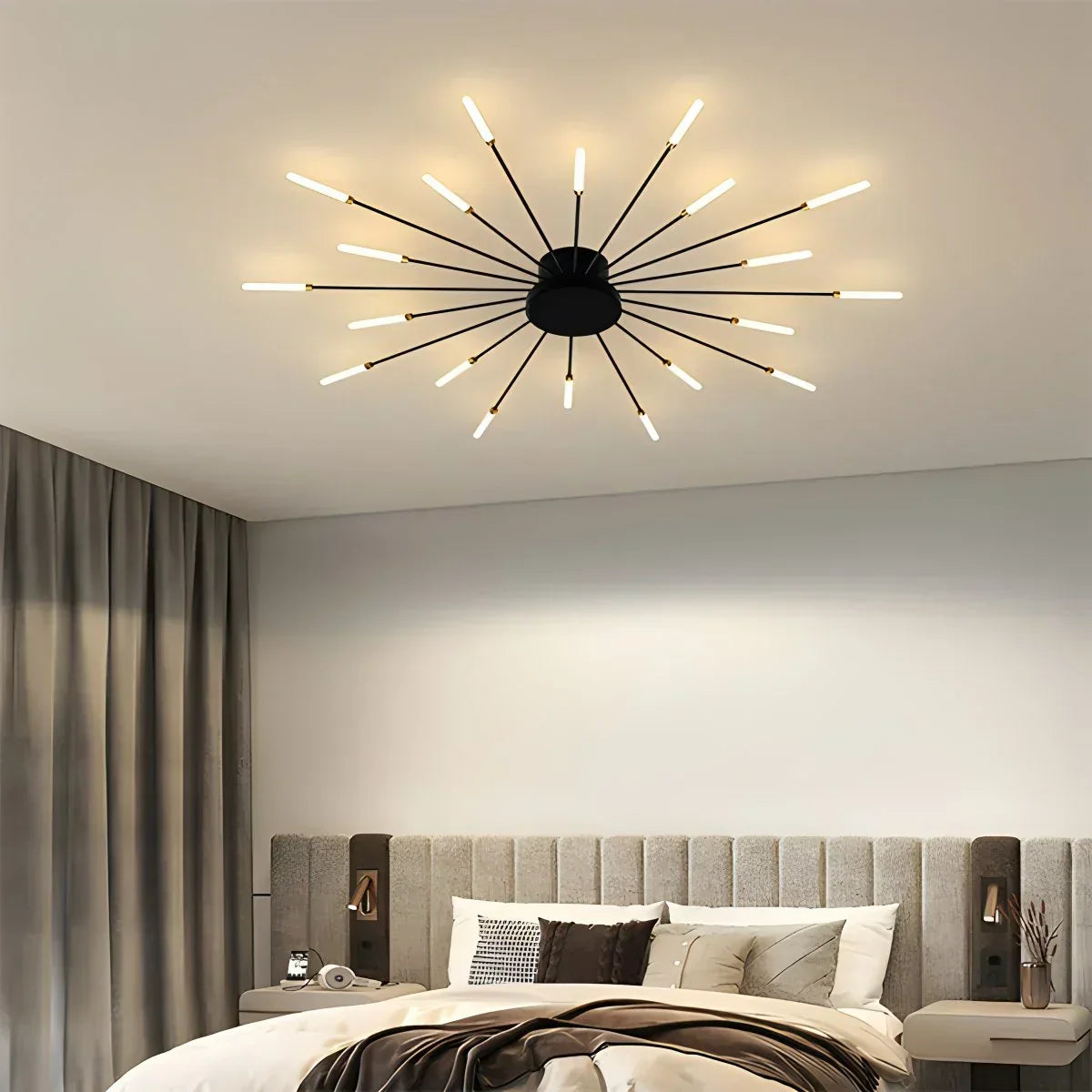 Multi-Arm Starburst Ceiling Fixture Metal LED Dimmable Gold Black 20-42 Bulb Open-Plan Dining Room Contemporary Statement Light Large Space | Thomler