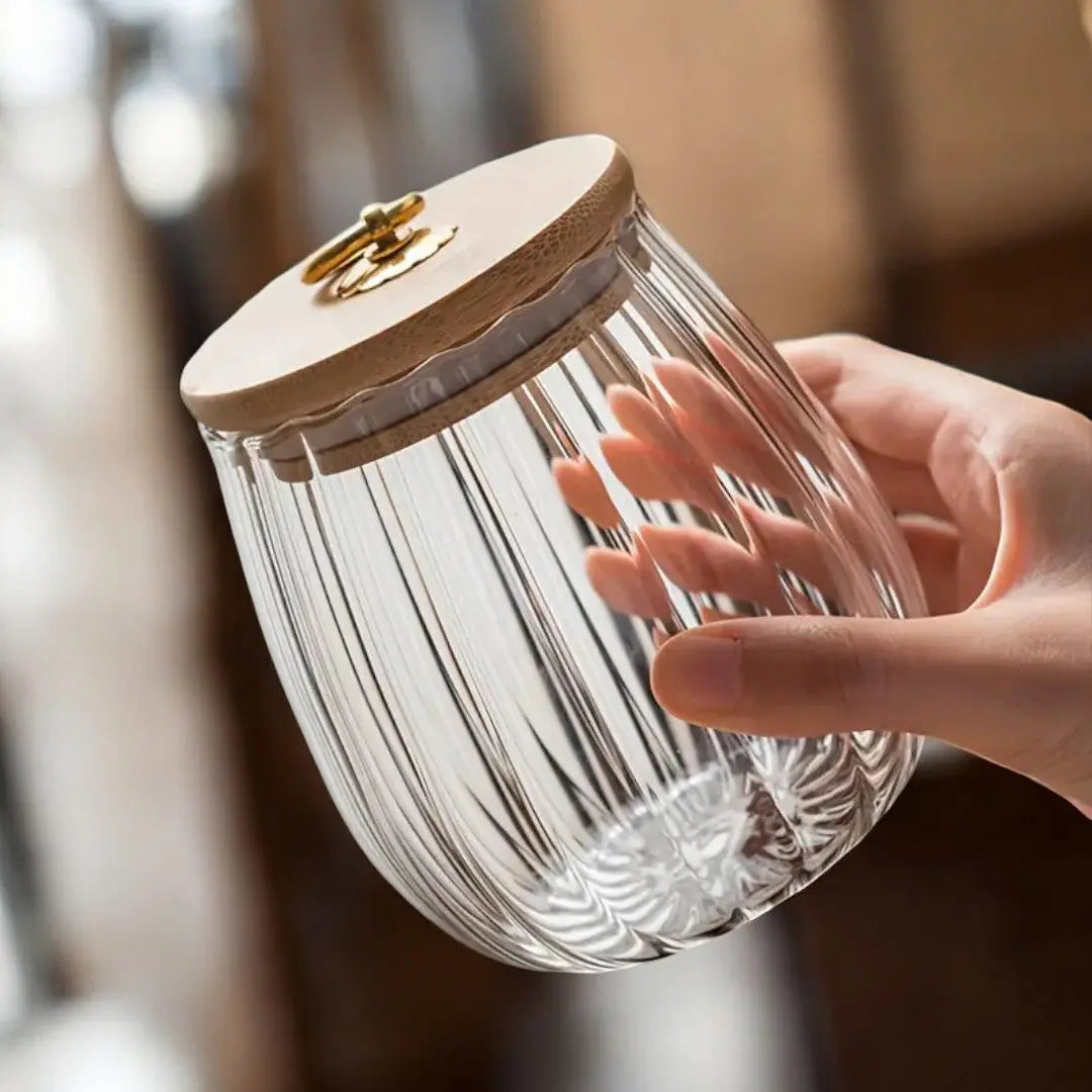 Tarro de cristal con tapa de madera para organización de despensa, frasco de almacenamiento para encimera de cocina para granos de café, té en hebras, hierbas secas, aperitivos, transparente | Thomler