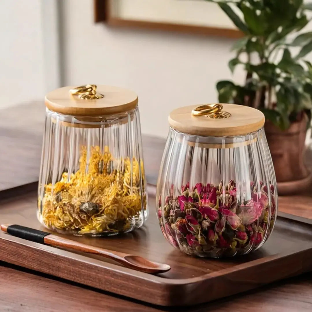 Glasbehälter mit Holzdeckel für die Vorratsorganisation, Küchen-Aufbewahrungsglas für Kaffeebohnen, losen Tee, getrocknete Kräuter, Snacks, transparent | Thomler