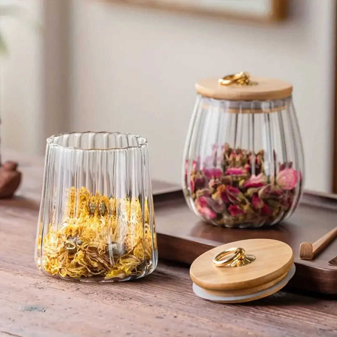 Tarro de cristal con tapa de madera para organización de despensa, frasco de almacenamiento para encimera de cocina para granos de café, té en hebras, hierbas secas, aperitivos, transparente | Thomler