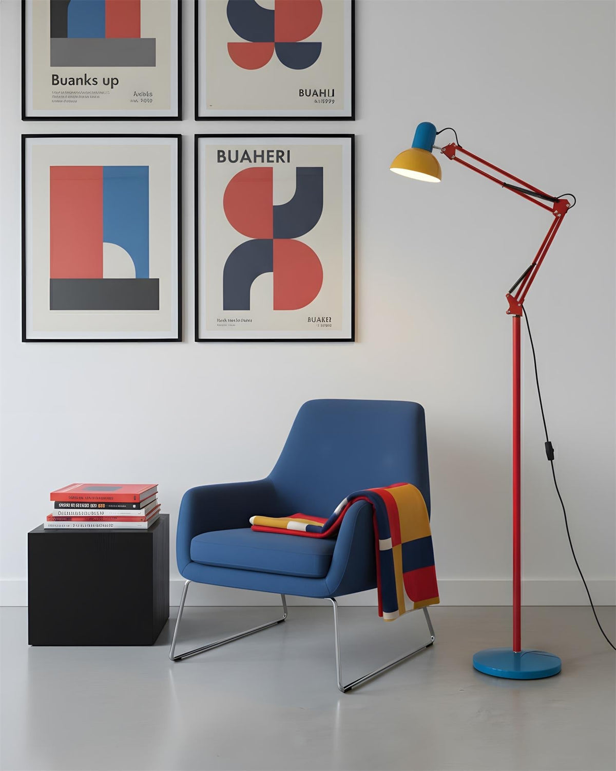 Lámpara de pie articulada de 74 pulgadas de altura, lámpara de lectura de metal ajustable, colorida en azul, rojo y amarillo, acento moderno para sala de estar u oficina | Thomler