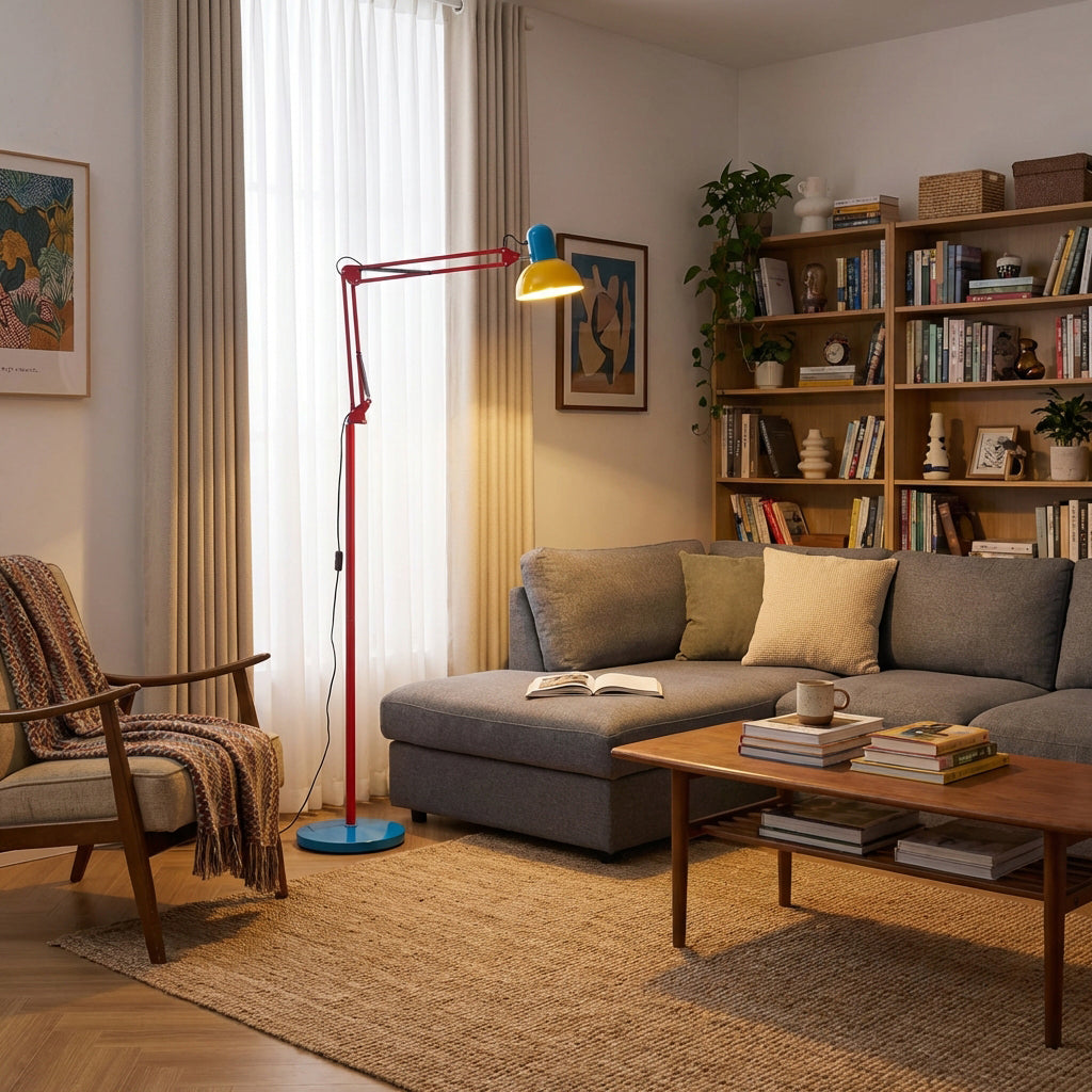 Lámpara de pie articulada de 74 pulgadas de altura, lámpara de lectura de metal ajustable, colorida en azul, rojo y amarillo, acento moderno para sala de estar u oficina | Thomler