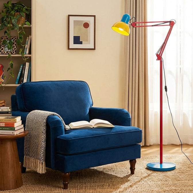 Lámpara de pie articulada de 74 pulgadas de altura, lámpara de lectura de metal ajustable, colorida en azul, rojo y amarillo, acento moderno para sala de estar u oficina | Thomler