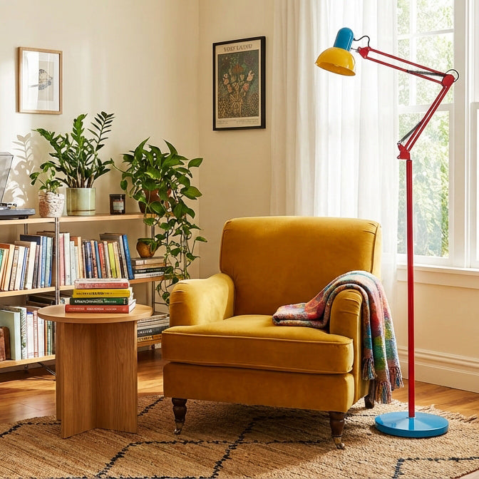 Lámpara de pie articulada de 74 pulgadas de altura, lámpara de lectura de metal ajustable, colorida en azul, rojo y amarillo, acento moderno para sala de estar u oficina | Thomler