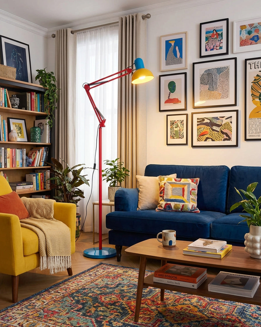 Lámpara de pie articulada de 74 pulgadas de altura, lámpara de lectura de metal ajustable, colorida en azul, rojo y amarillo, acento moderno para sala de estar u oficina | Thomler