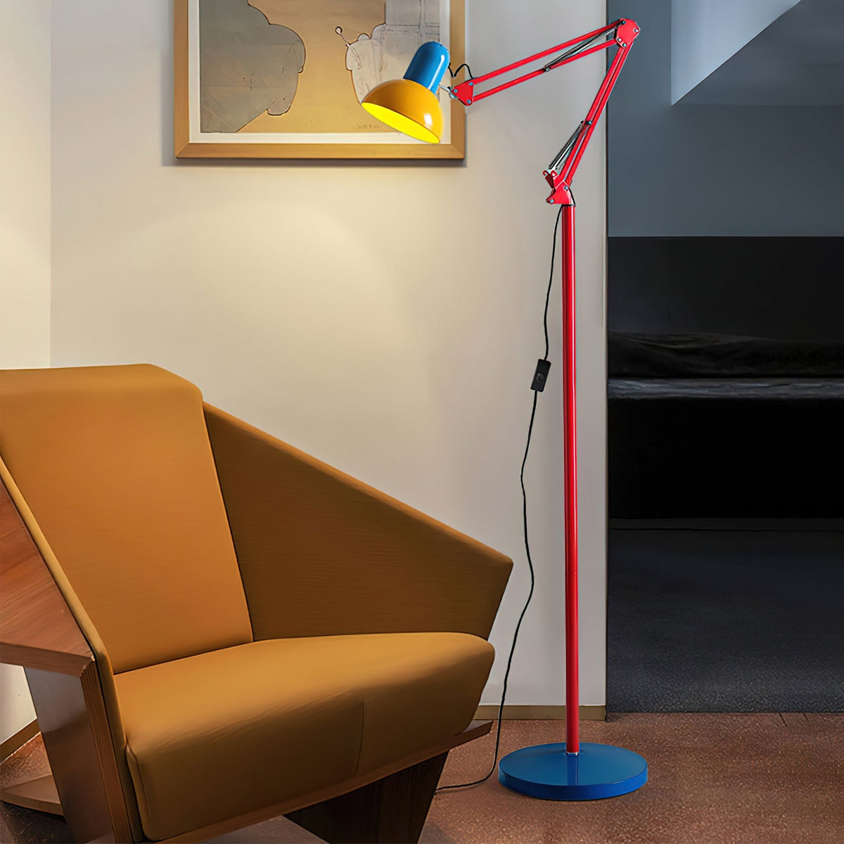 Lámpara de pie articulada de 74 pulgadas de altura, lámpara de lectura de metal ajustable, colorida en azul, rojo y amarillo, acento moderno para sala de estar u oficina | Thomler
