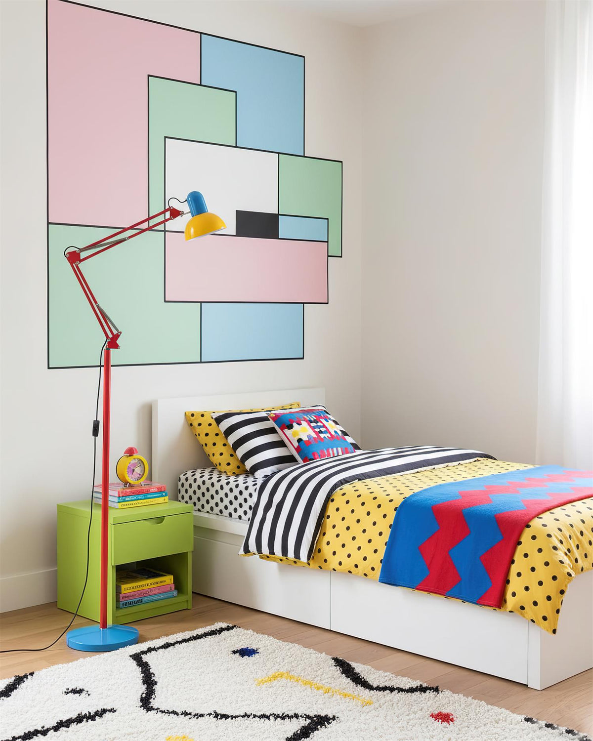 Lámpara de pie articulada de 74 pulgadas de altura, lámpara de lectura de metal ajustable, colorida en azul, rojo y amarillo, acento moderno para sala de estar u oficina | Thomler