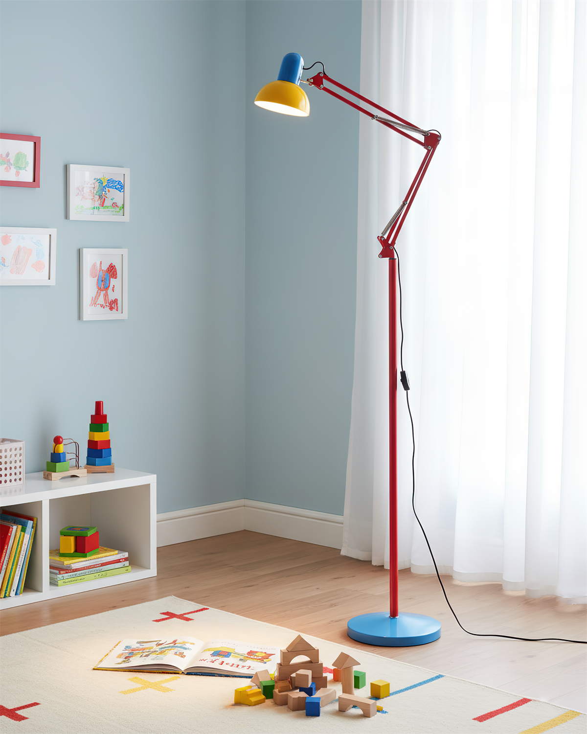 Lámpara de pie articulada de 74 pulgadas de altura, lámpara de lectura de metal ajustable, colorida en azul, rojo y amarillo, acento moderno para sala de estar u oficina | Thomler