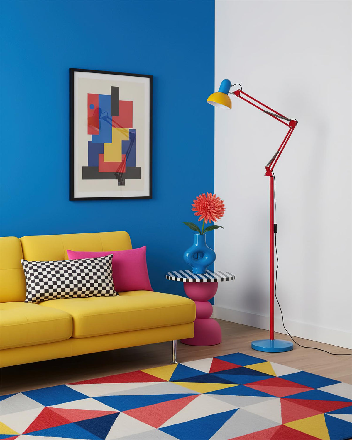Lámpara de pie articulada de 74 pulgadas de altura, lámpara de lectura de metal ajustable, colorida en azul, rojo y amarillo, acento moderno para sala de estar u oficina | Thomler