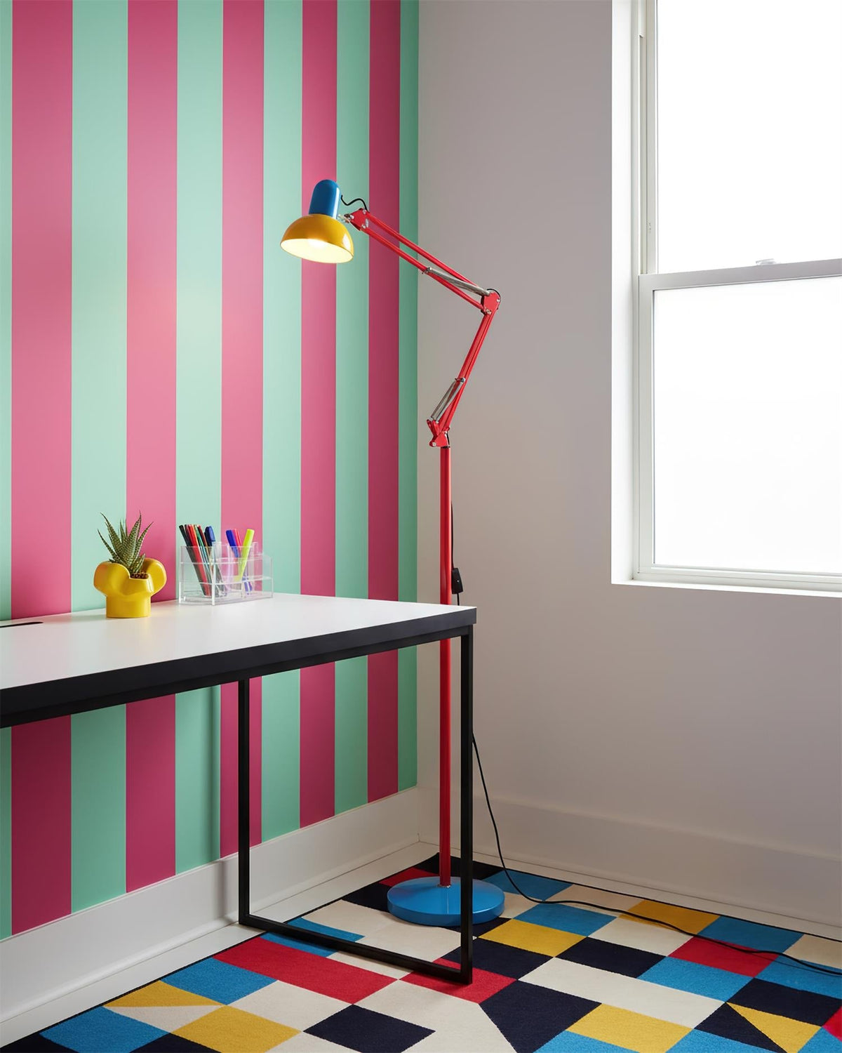 Lámpara de pie articulada de 74 pulgadas de altura, lámpara de lectura de metal ajustable, colorida en azul, rojo y amarillo, acento moderno para sala de estar u oficina | Thomler