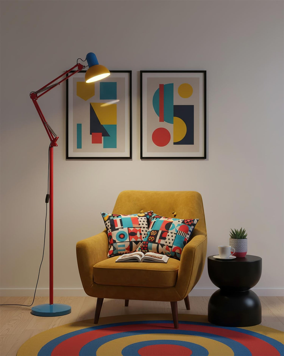 Lámpara de pie articulada de 74 pulgadas de altura, lámpara de lectura de metal ajustable, colorida en azul, rojo y amarillo, acento moderno para sala de estar u oficina | Thomler