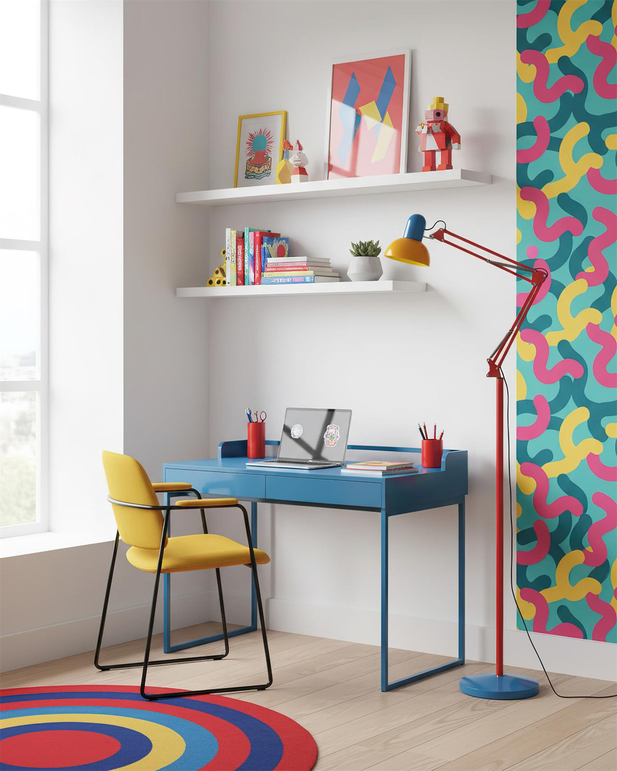 Lámpara de pie articulada de 74 pulgadas de altura, lámpara de lectura de metal ajustable, colorida en azul, rojo y amarillo, acento moderno para sala de estar u oficina | Thomler