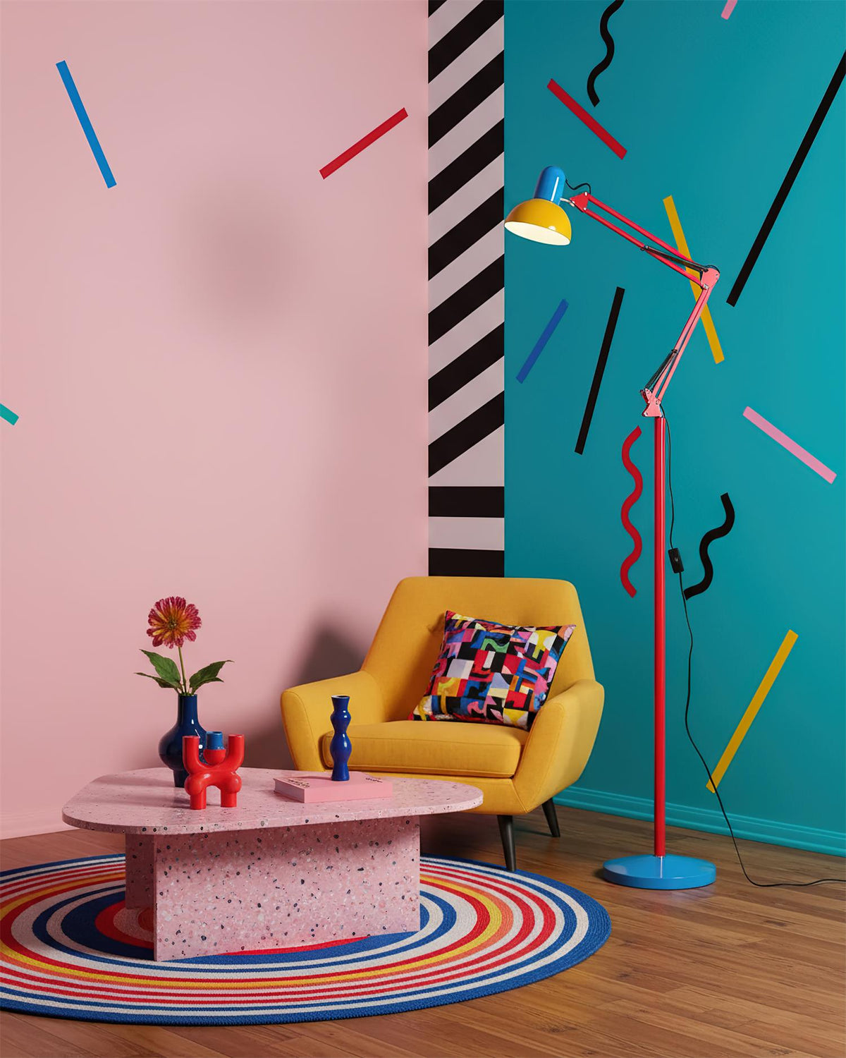 Lámpara de pie articulada de 74 pulgadas de altura, lámpara de lectura de metal ajustable, colorida en azul, rojo y amarillo, acento moderno para sala de estar u oficina | Thomler