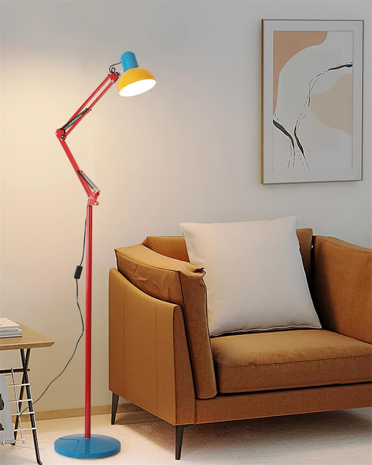 Lámpara de pie articulada de 74 pulgadas de altura, lámpara de lectura de metal ajustable, colorida en azul, rojo y amarillo, acento moderno para sala de estar u oficina | Thomler