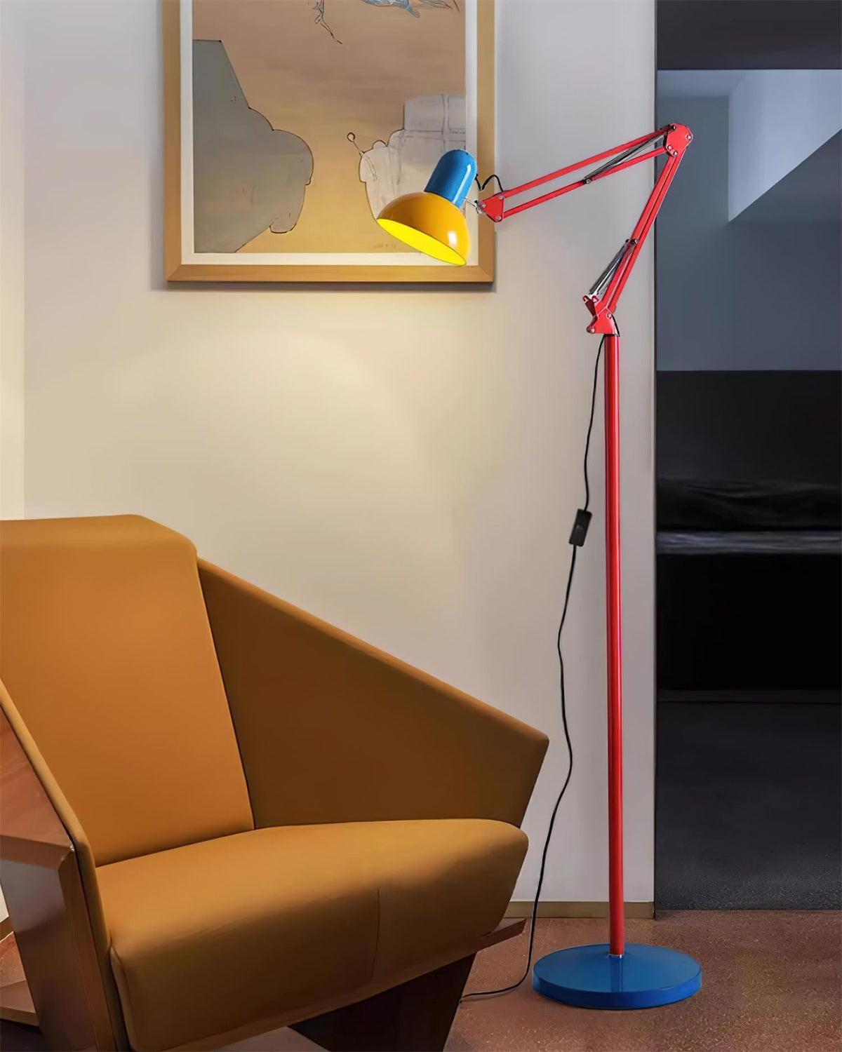 Lámpara de pie articulada de 74 pulgadas de altura, lámpara de lectura de metal ajustable, colorida en azul, rojo y amarillo, acento moderno para sala de estar u oficina | Thomler