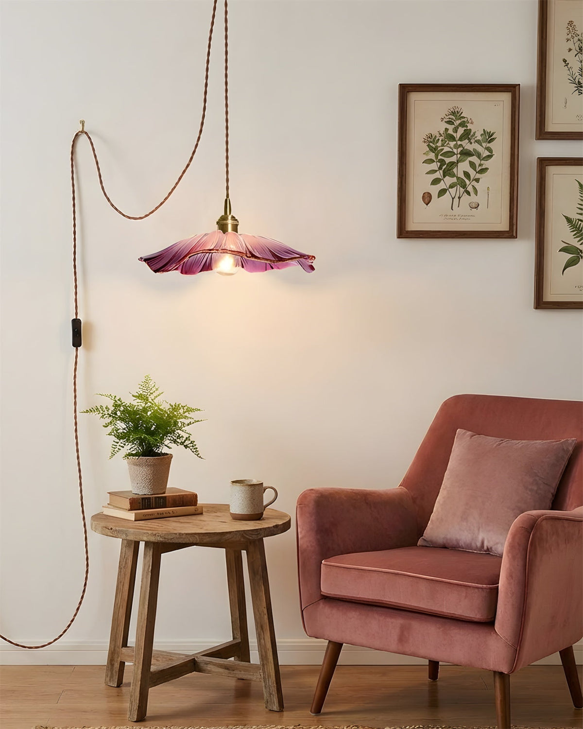 Hanging Ceiling Fixture with Floral Glass Shade 11 in x 5 in for Dining Areas Kitchen Islands Breakfast Nooks Pink Clear Green Finish Adjust | Thomler