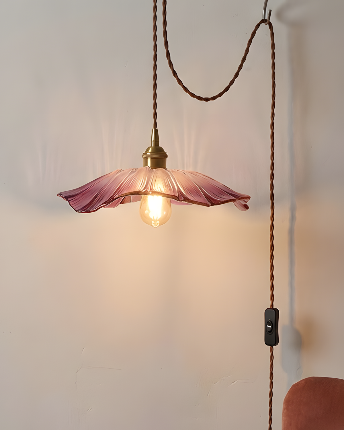 Hanging Ceiling Fixture with Floral Glass Shade 11 in x 5 in for Dining Areas Kitchen Islands Breakfast Nooks Pink Clear Green Finish Adjust | Thomler