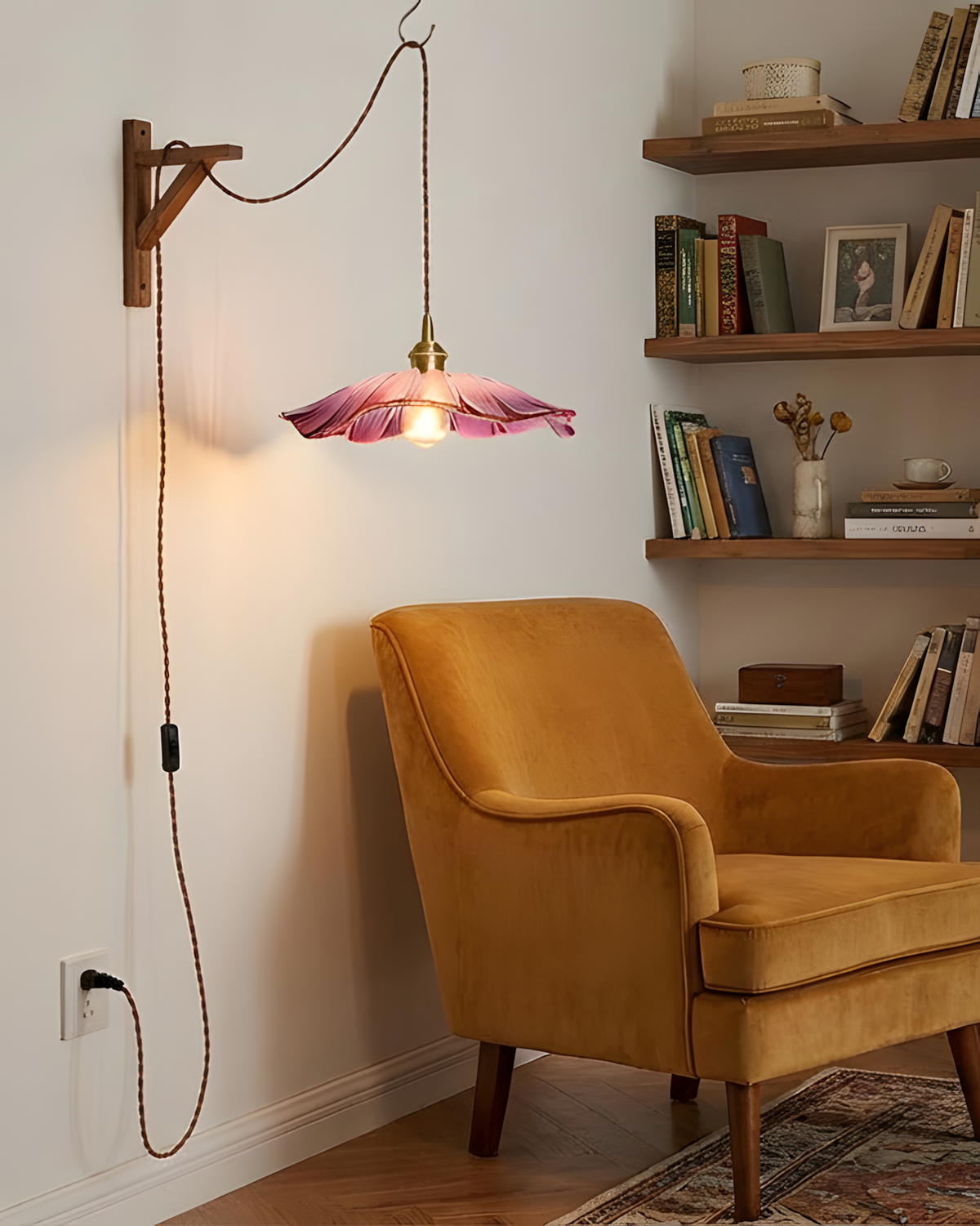 Hanging Ceiling Fixture with Floral Glass Shade 11 in x 5 in for Dining Areas Kitchen Islands Breakfast Nooks Pink Clear Green Finish Adjust | Thomler