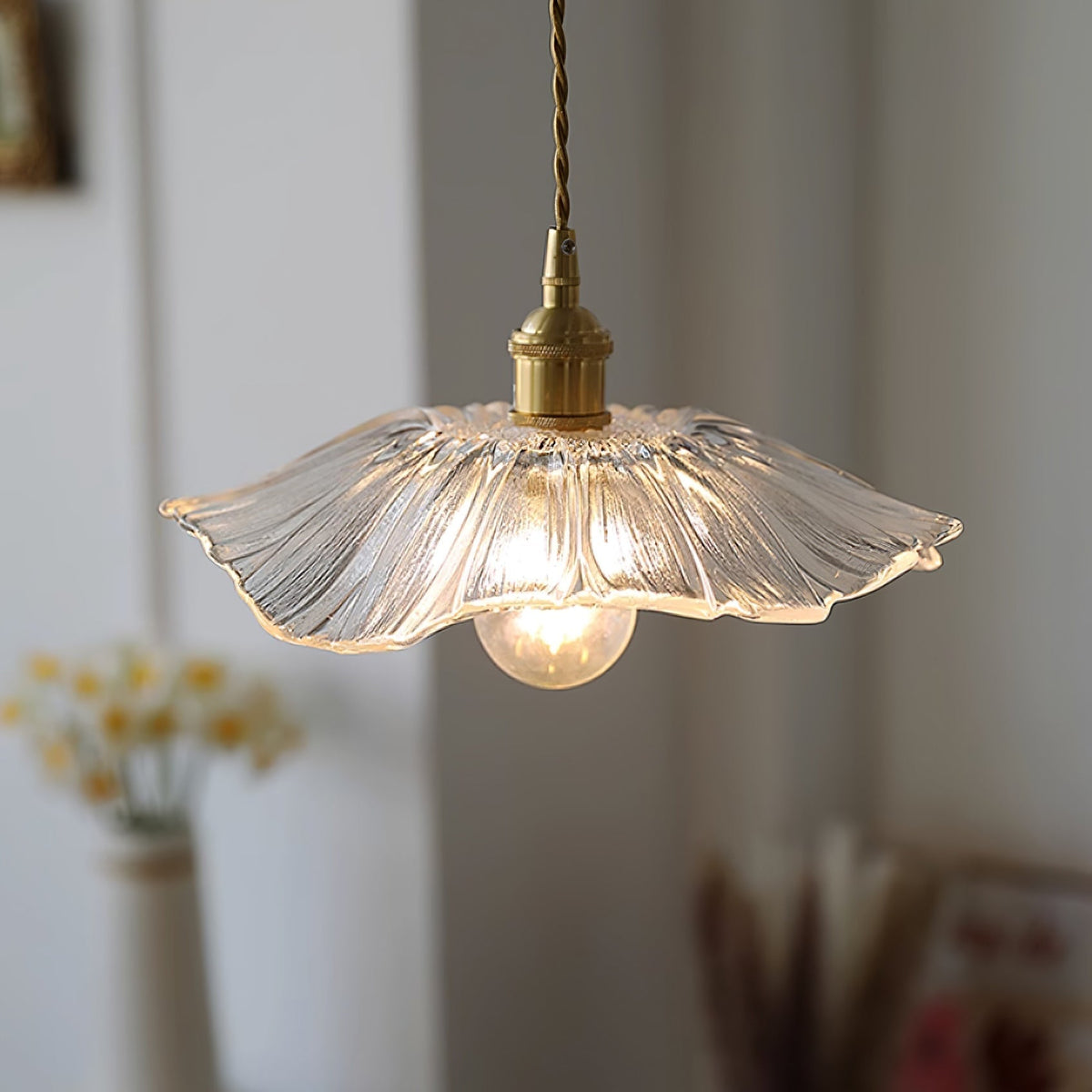 Hanging Ceiling Fixture with Floral Glass Shade 11 in x 5 in for Dining Areas Kitchen Islands Breakfast Nooks Pink Clear Green Finish Adjust | Thomler