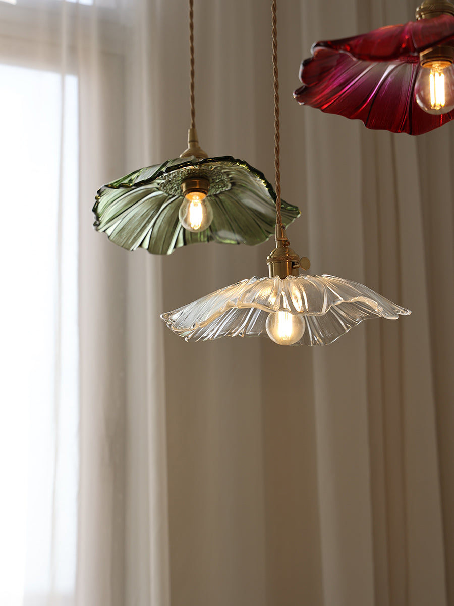 Hanging Ceiling Fixture with Floral Glass Shade 11 in x 5 in for Dining Areas Kitchen Islands Breakfast Nooks Pink Clear Green Finish Adjust | Thomler