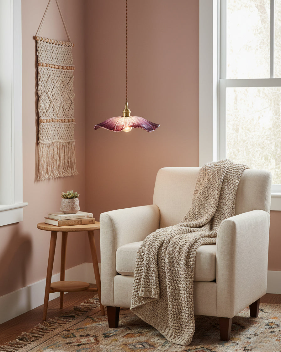Hanging Ceiling Fixture with Floral Glass Shade 11 in x 5 in for Dining Areas Kitchen Islands Breakfast Nooks Pink Clear Green Finish Adjust | Thomler