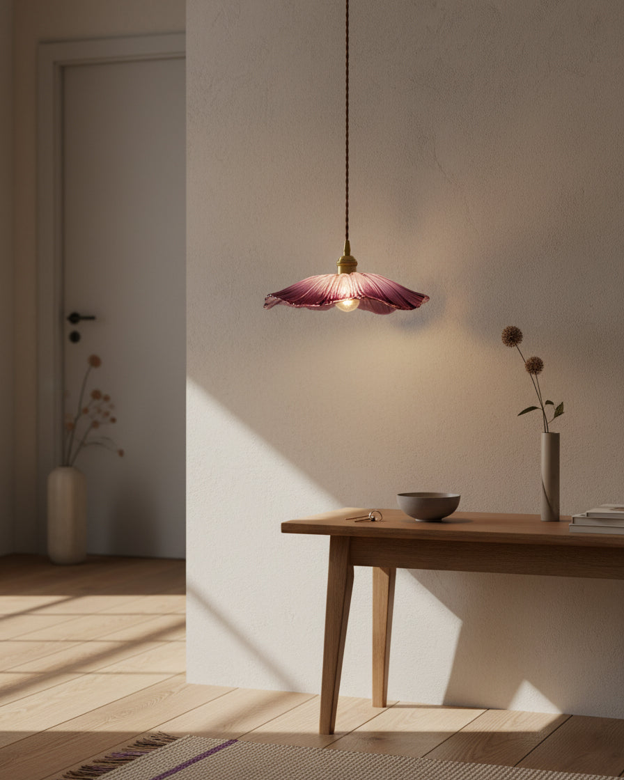 Hanging Ceiling Fixture with Floral Glass Shade 11 in x 5 in for Dining Areas Kitchen Islands Breakfast Nooks Pink Clear Green Finish Adjust | Thomler