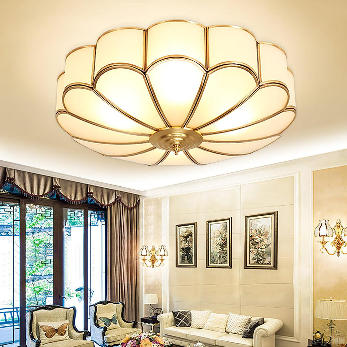 Flush Mount Glass Shade Fixture with Brass Frame Round Design for Entryway Kitchen Bedroom Ambient Overhead Lighting Home Décor | Thomler