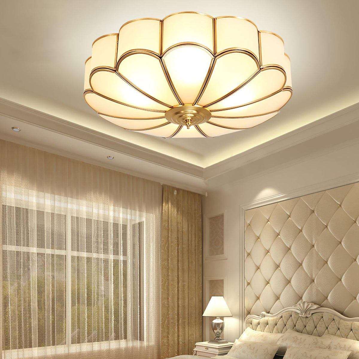 Flush Mount Glass Shade Fixture with Brass Frame Round Design for Entryway Kitchen Bedroom Ambient Overhead Lighting Home Décor | Thomler