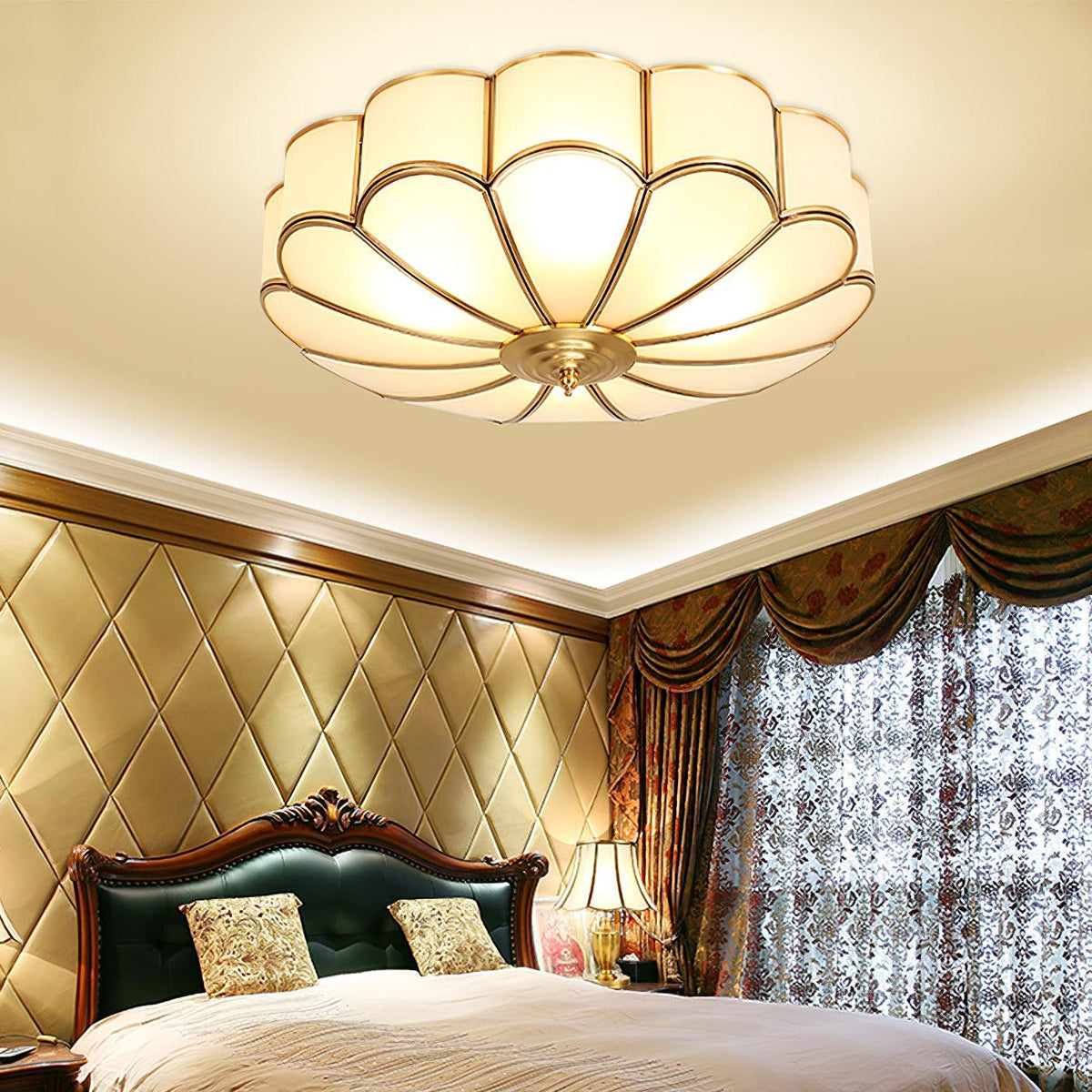 Flush Mount Glass Shade Fixture with Brass Frame Round Design for Entryway Kitchen Bedroom Ambient Overhead Lighting Home Décor | Thomler
