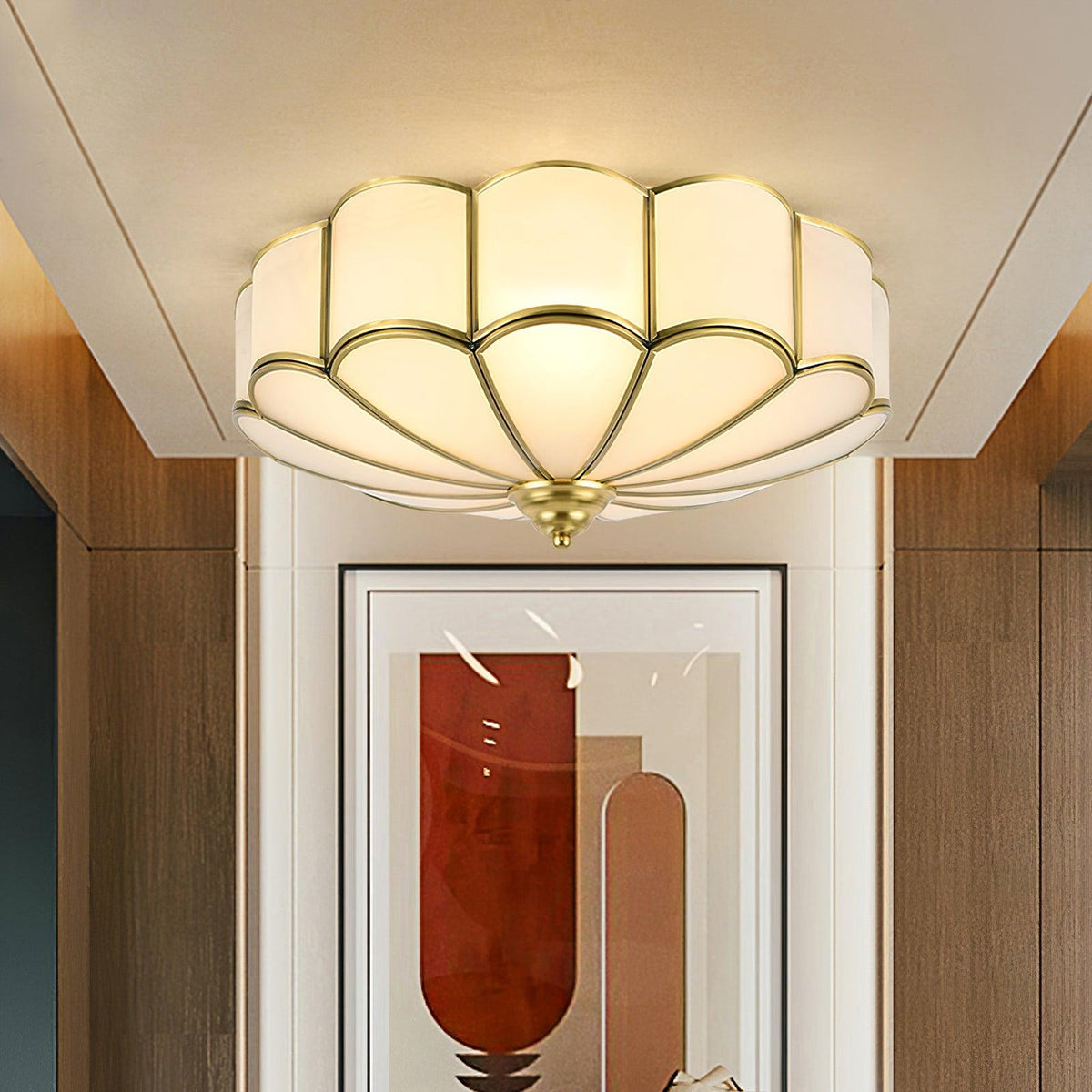 Flush Mount Glass Shade Fixture with Brass Frame Round Design for Entryway Kitchen Bedroom Ambient Overhead Lighting Home Décor | Thomler
