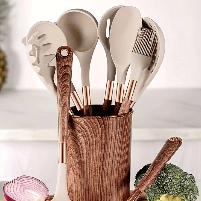 Cooking Utensil Set 10-Piece Heat Resistant Silicone Tools Non-Stick Safe Ergonomic Wood Grain Handles for Baking Serving Everyday Kitchen U | Thomler