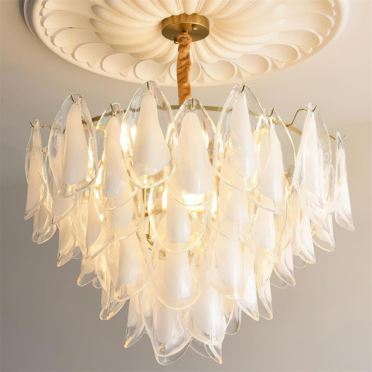 Tiered Glass Petal Ceiling Light Gold Metal Frame for Dining Rooms Living Rooms Foyers Adjustable 20-39 Inch Multi-Level Ambient Fixture | Thomler