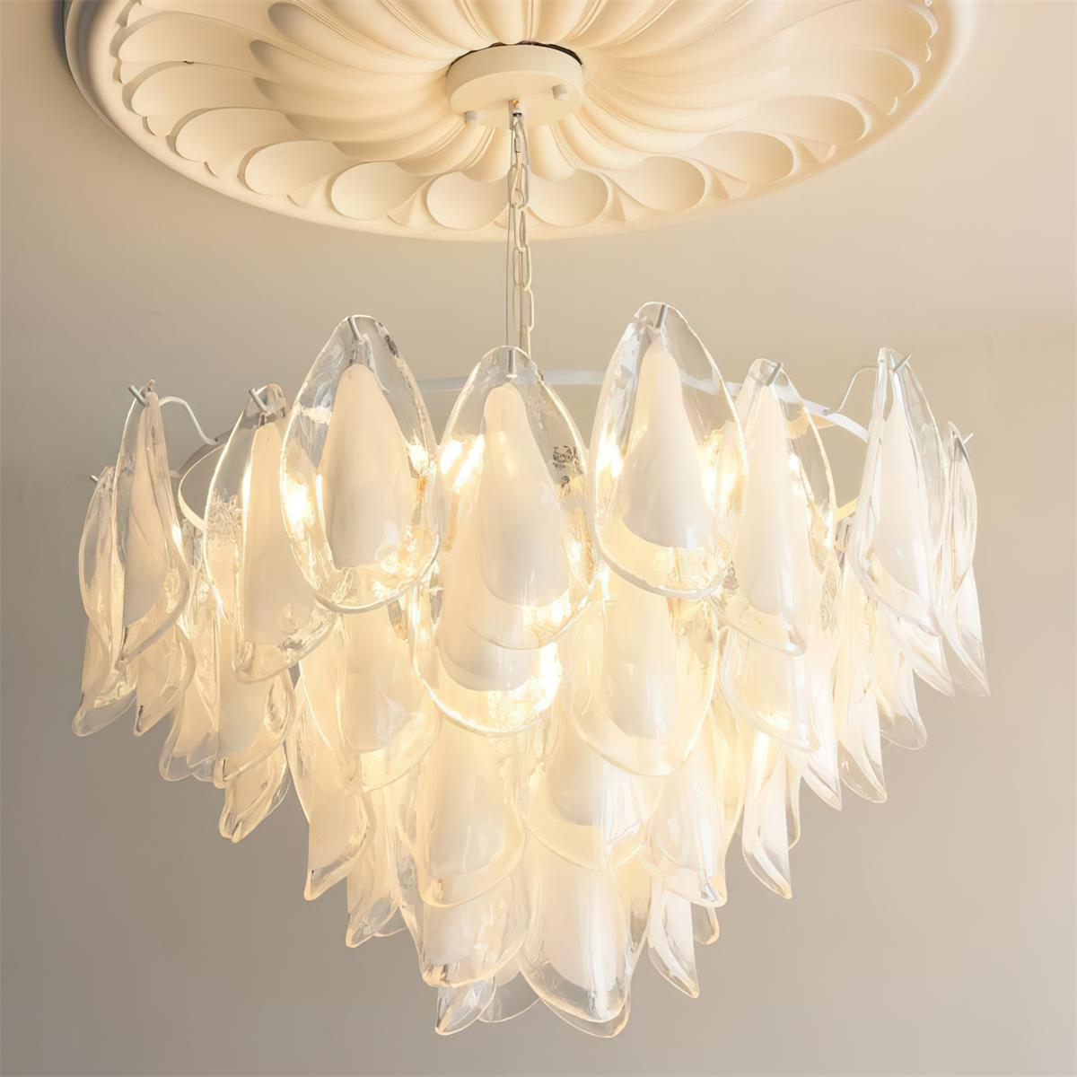 Tiered Glass Petal Ceiling Light Gold Metal Frame for Dining Rooms Living Rooms Foyers Adjustable 20-39 Inch Multi-Level Ambient Fixture | Thomler