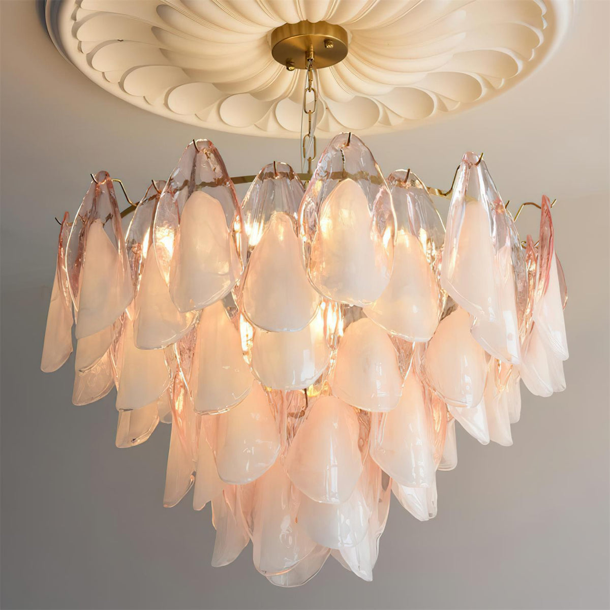 Tiered Glass Petal Ceiling Light Gold Metal Frame for Dining Rooms Living Rooms Foyers Adjustable 20-39 Inch Multi-Level Ambient Fixture | Thomler
