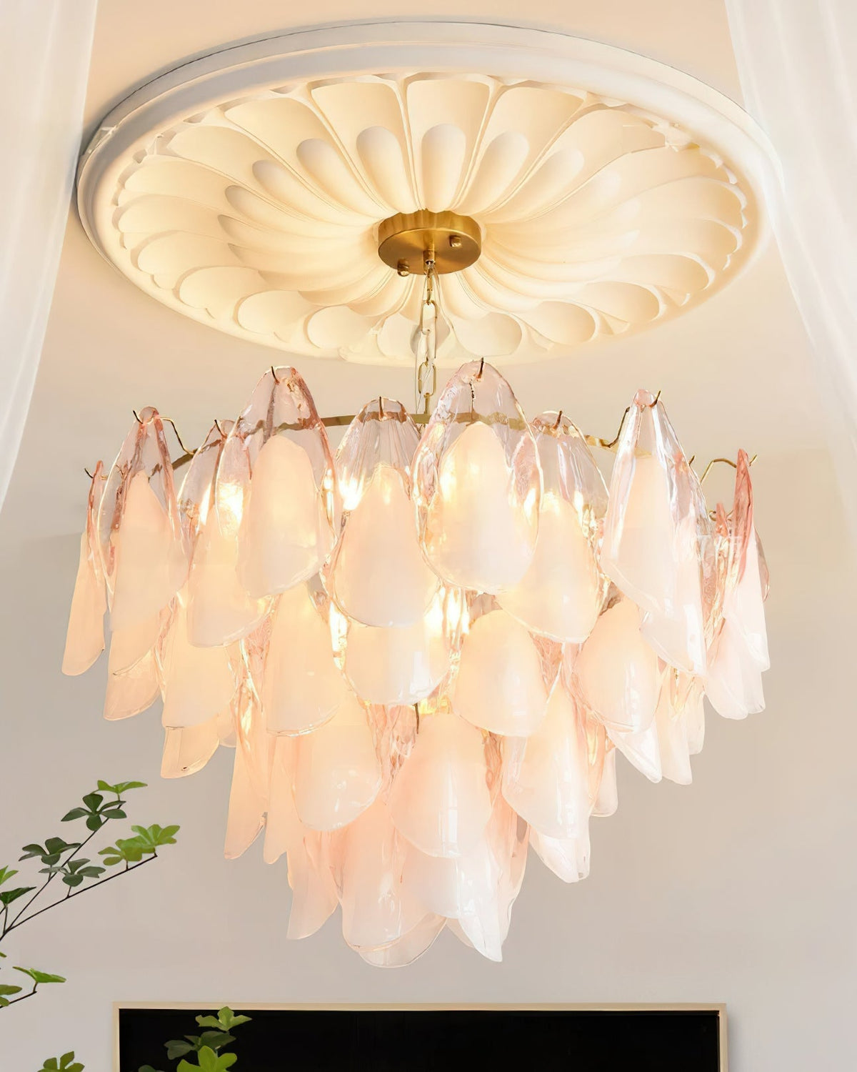 Tiered Glass Petal Ceiling Light Gold Metal Frame for Dining Rooms Living Rooms Foyers Adjustable 20-39 Inch Multi-Level Ambient Fixture | Thomler
